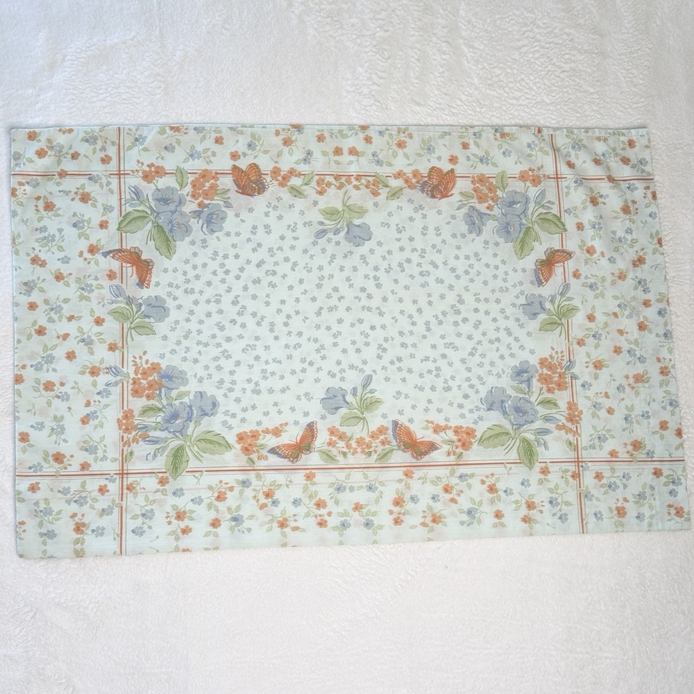 VTG Floral Butterfly Pillowcase Blue Coral Cottagecore Grandmillennial Country